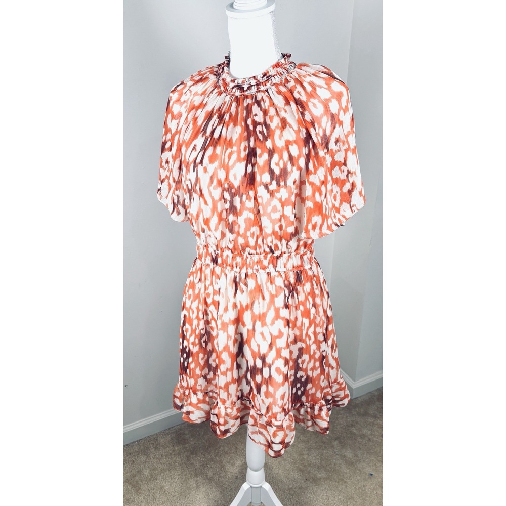 Willa Story Orange Leopard Print Lined Ruffle Neck Flutter Sleeve Mini Dress L